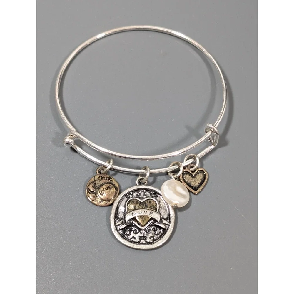 Two Tone‎ Heart Charm Bangle Bracelet White Pearl Love Stackable 7